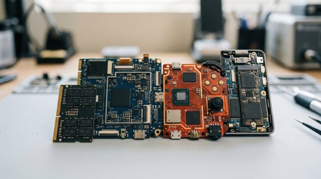 consumer electronics memory components beside a tablet logic board, game console pcb, and laptop ssd bay