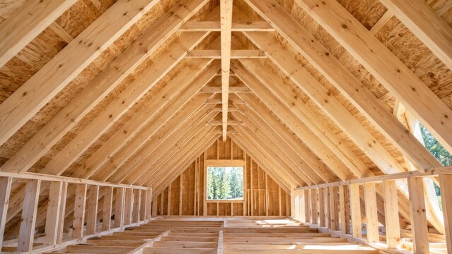 Repeated triangular wooden roof rafters inside an unfinished house