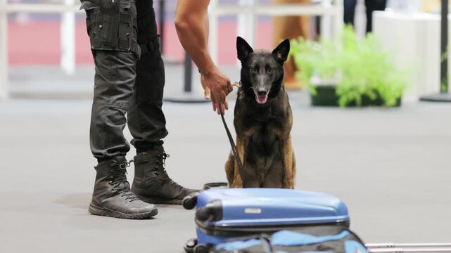 Police officer training belgian malinois sniffer dog beside luggage