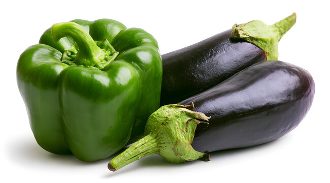A mix of fresh green bell peppers and purple eggplants featured against a white background. Raw and organic vegetables are perfect for healthy cooking. A selection of ripe vegetables, ideal for vegeta