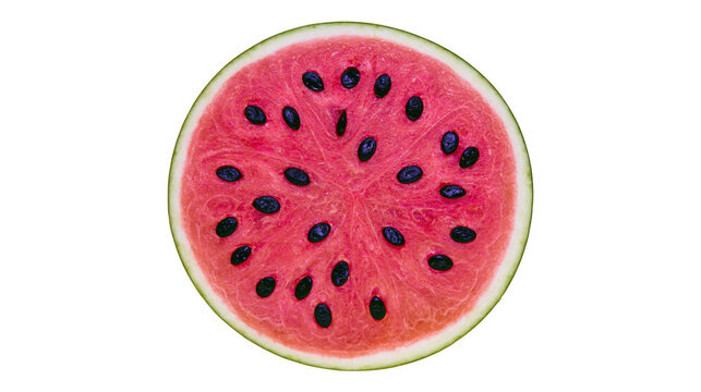 Isolated fresh cut watermelon slice showing vibrant red flesh and black seeds, healthy snack.