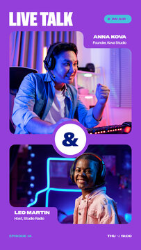 Frame Cut Stories / Bold Purple Interview Cards With Stepped Photo Windows for Podcasts, Live Talks and Social Media / Vertical / Part 05