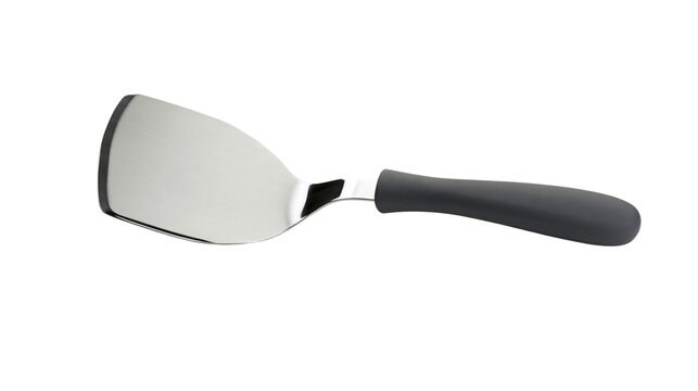 Isolated metal spatula with black handle, shiny kitchen utensil for cooking and serving food.