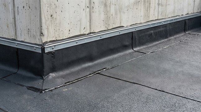 Waterproofing membrane flashing secured with termination bar on concrete parapet wall
