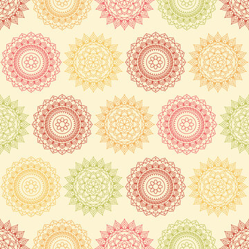 Diwali bright colorful rangoli seamless pattern on light background. Indian festival of lights decorations, Dipavali beautiful design Decorative holiday print design. Vector illustration