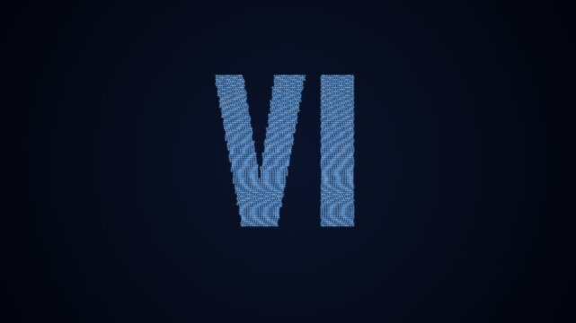 Abstract digital animation showing particles coalescing into three vertical bars with a glitch effect on a dark blue background
