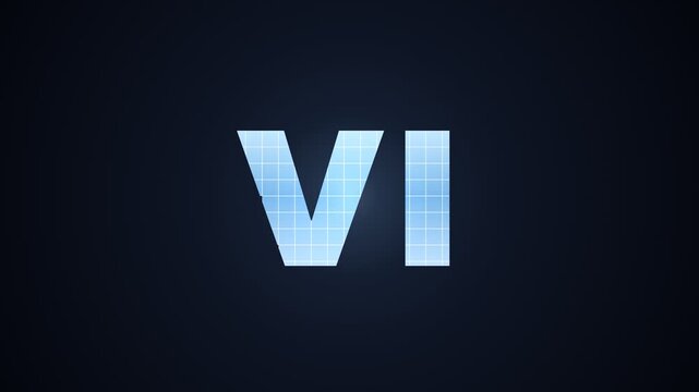 Digital animation of Roman numeral VI appearing with glowing blue grid effect on dark background with falling particles