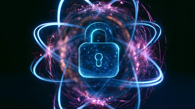 A digital padlock secured by advanced quantum cryptography is flanked by a glowing atomic network security system