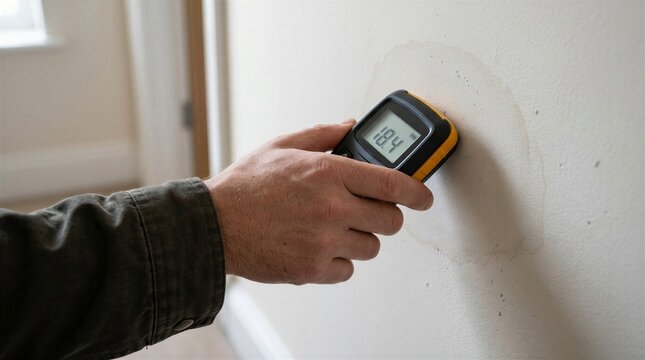 Inspector using digital moisture meter to test damp wall with water stain
