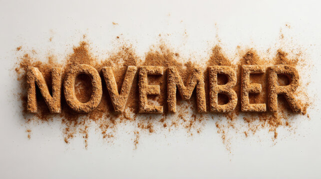 "NOVEMBER" in letters dusted with cinnamon and pumpkin spice powder on a white surface