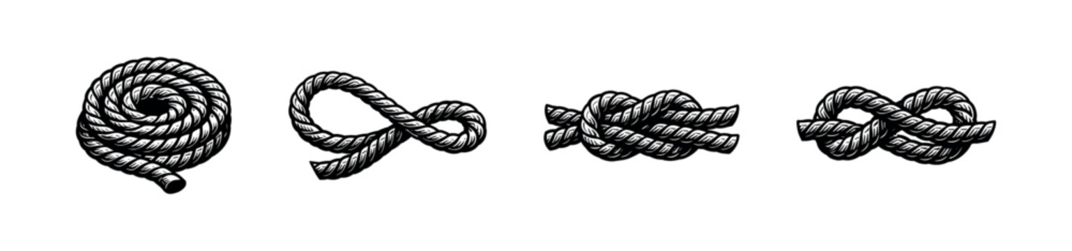 Hand-drawn black rope knots and coiled rope arranged in a row on a white background