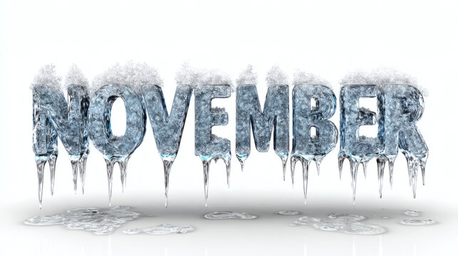 "NOVEMBER" made of translucent ice with frost crystals and frozen drips