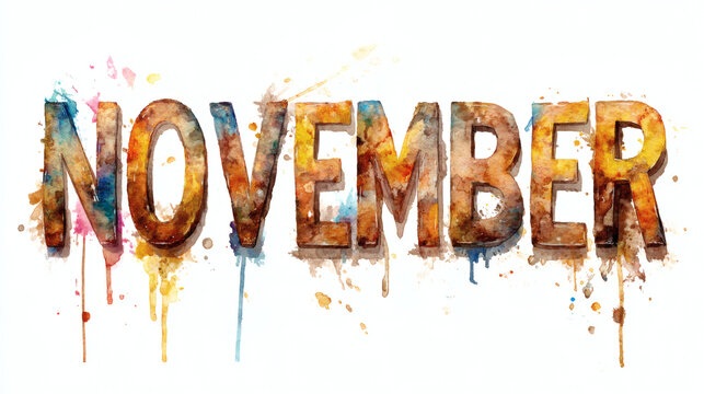"NOVEMBER" in soft watercolor brush lettering with blended autumn colors and paint drips
