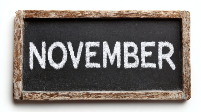 "NOVEMBER" written in white chalk on a small slate chalkboard