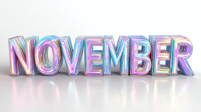  word "NOVEMBER" in bold 3D holographic iridescent letters shifting between pink