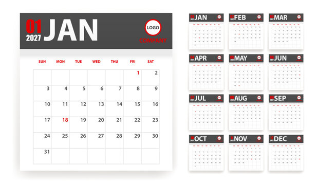 2027 calendar in grey and red paper stickers style with shadow isolated. Event planner. All size. Vector illustration