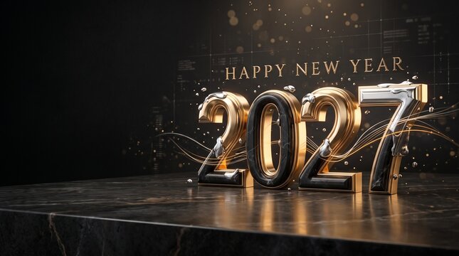 Luxury Happy New Year 2027 Gold And Obsidian 3D Numbers Banner Holiday Celebration