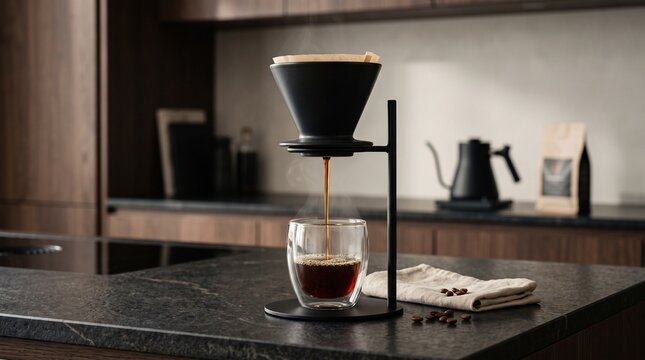 Pouring Hot Filter Coffee From Dripper Into Double Wall Glass Cup Modern Kitchen Interior