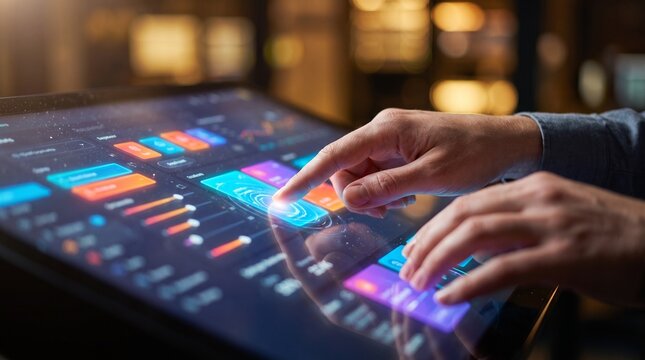 Person Interacting With Futuristic Touchscreen Dashboard Interface Analytics Data Control Room