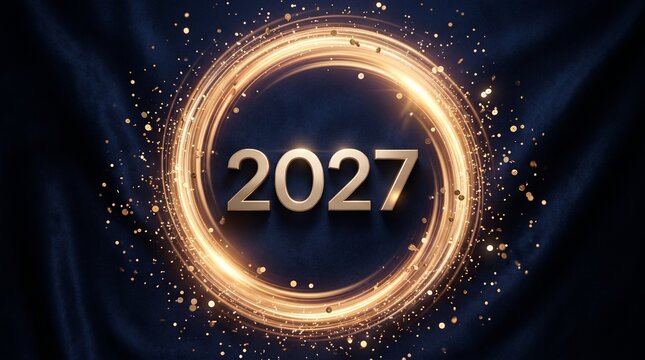 Happy New Year 2027 Golden Typography Inside Luminous Swirling Light Ring Portal Dark Background