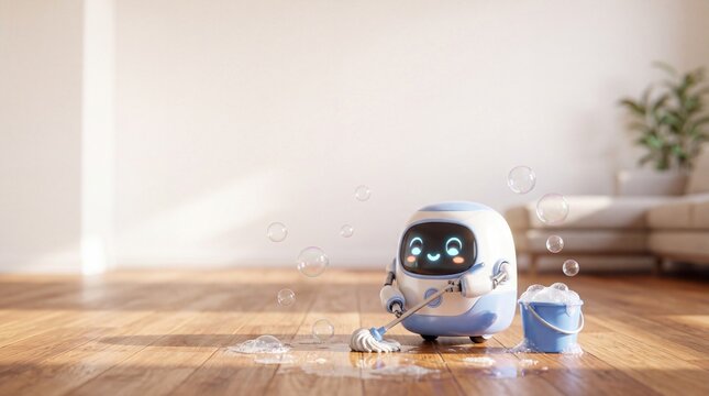 Adorable small cleaning robot mopping floor with bucket and soap bubbles in living room with copy space