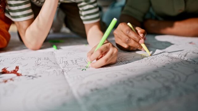 Markers coloring giant paper drawing. Multiethnic family lying floor close up