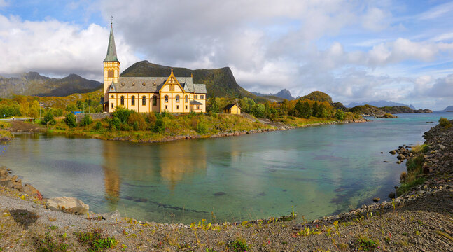 Vagan Church near Kabelvag surrounded by autumn scenery in the Lofoten Islands, Norway