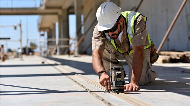 Construction worker in safety gear using surveying instrument to measure and align concrete floor lines at a large outdoor building site under clear blue sky