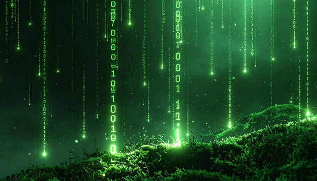 Glowing green binary code rains down onto a mossy forest floor, creating a surreal blend of technology and nature. This digital landscape, with no people, symbolizes growth. (187 characters)