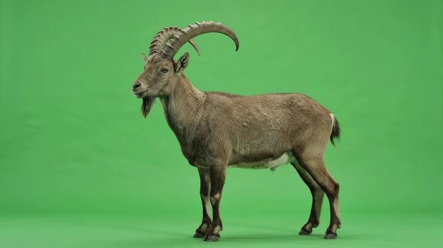 Mountain Goat with Curved Horns Raising Its Head and Flicking Ears, Green Screen Animal Animation