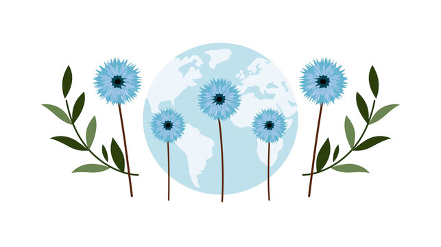 Isolated blue cornflowers and green leaves around an earth globe, environmental concept