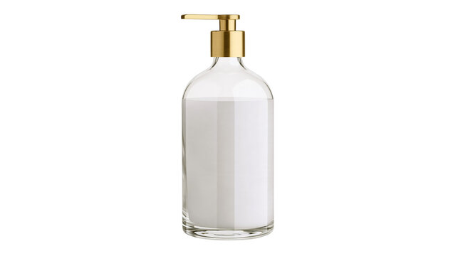 Isolated clear glass pump bottle with golden dispenser containing white cosmetic liquid