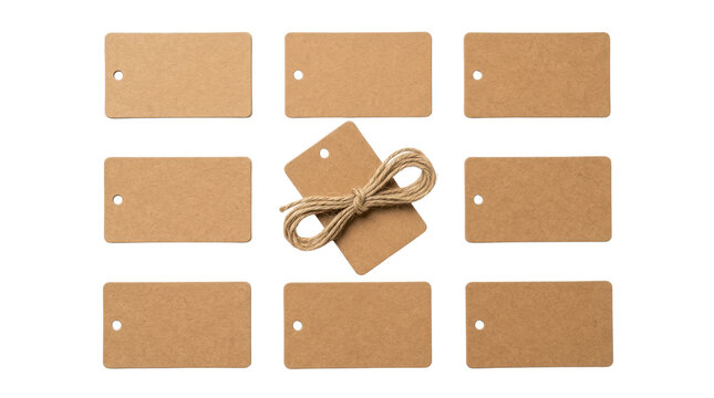 Brown kraft cardboard gift tags with twine rope on white background
