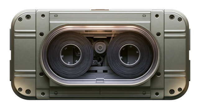 Isolated vintage audio recording device with visible magnetic tape reels and complex gear system