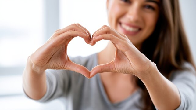 Smiling woman making heart shape with hands expressing love and positivity in a bright modern setting with soft focus background