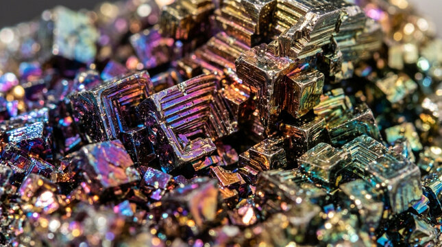 Natural iridescent rainbow pyrite crystal cluster with sharp glittering micro cubes