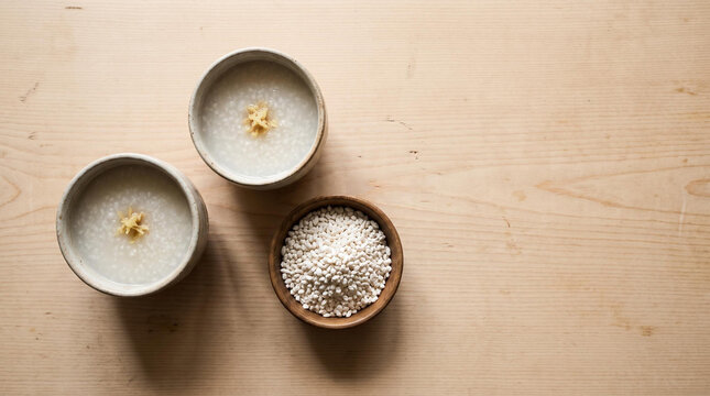 Japanese amazake warm sweet rice drink with grated ginger and rice koji, top view with copy space