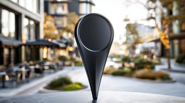 Sleek modern black location marker sculpture installed in an urban pedestrian street with outdoor cafes and contemporary building architecture in soft focus bac