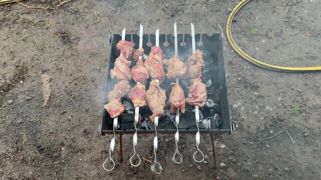 Rows of Meat Skewers Grill Over Smoking Charcoal Outdoors