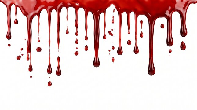 Viscous red blood dripping downward isolated on white