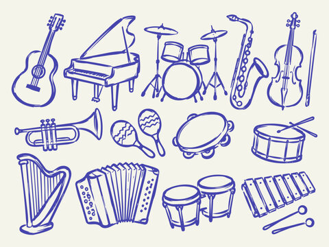Music instrument doodle set hand drawn line art vector illustration with guitar, piano and saxophone