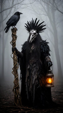cham&aacute;n oscuro, cuervo negro, m&aacute;scara de ave, m&aacute;scara de calavera, plumas negras, corona de plumas, vestuario g&oacute;tico, capa negra, t&uacute;nica desgastada, bast&oacute;n de madera, l&aacute;mpara antigua, bosque encantado,