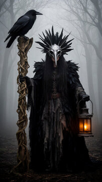 cham&aacute;n oscuro, cuervo negro, m&aacute;scara de ave, m&aacute;scara de calavera, plumas negras, corona de plumas, vestuario g&oacute;tico, capa negra, t&uacute;nica desgastada, bast&oacute;n de madera, l&aacute;mpara antigua, bosque encantado,