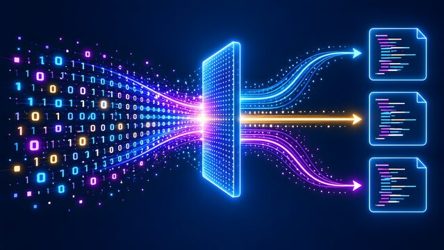 Digital transformation concept showing binary code filtering through a glowing processor to output organized data documents