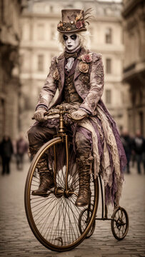 steampunk, hombre victoriano, bicicleta antigua, bicicleta de rueda alta, moda g&oacute;tica, vestuario victoriano, sombrero de copa, flores secas, plumas decorativas, maquillaje g&oacute;tico, rostro p&aacute;lido, cabel