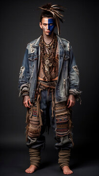hombre tribal, moda alternativa, est&eacute;tica punk, retrato masculino, maquillaje azul, pintura facial, tatuajes geom&eacute;tricos, tatuajes corporales, cabello oscuro, peinado tribal, plumas, chaqueta de mezcl