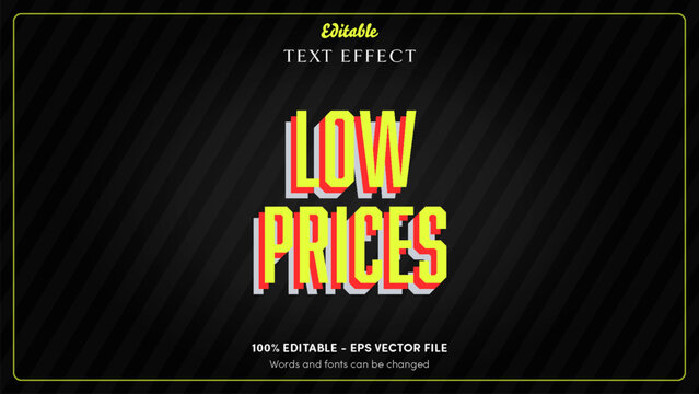 Black Friday low prices editable text effect, acid yellow caps with red and silver offset echo on black