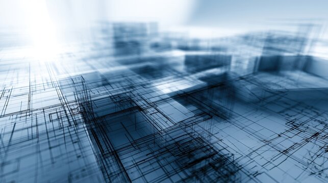 Digital abstract architectural blueprint with layered translucent grid lines creating a futuristic cityscape perspective in blue tones