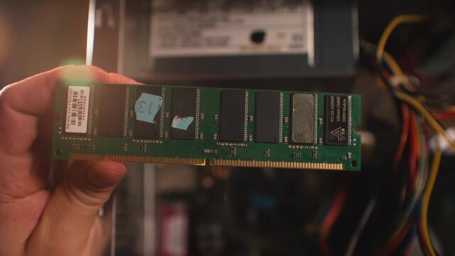 RAM memory module in hand, retro 90s DDR RAM stick with megabyte memory chips, vintage computer hardware upgrade inside old desktop PC