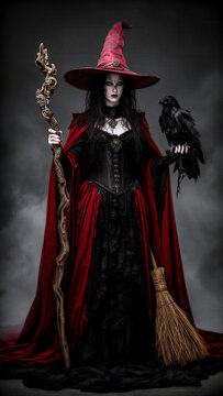 bruja, mujer, magia, brujer&iacute;a, cuervo negro, sombrero de bruja, vestido g&oacute;tico, capa roja, vestido negro, cors&eacute;, bast&oacute;n m&aacute;gico, escoba de bruja, maquillaje g&oacute;tico, rostro p&aacute;lido, cabello negro, u&ntilde;as n